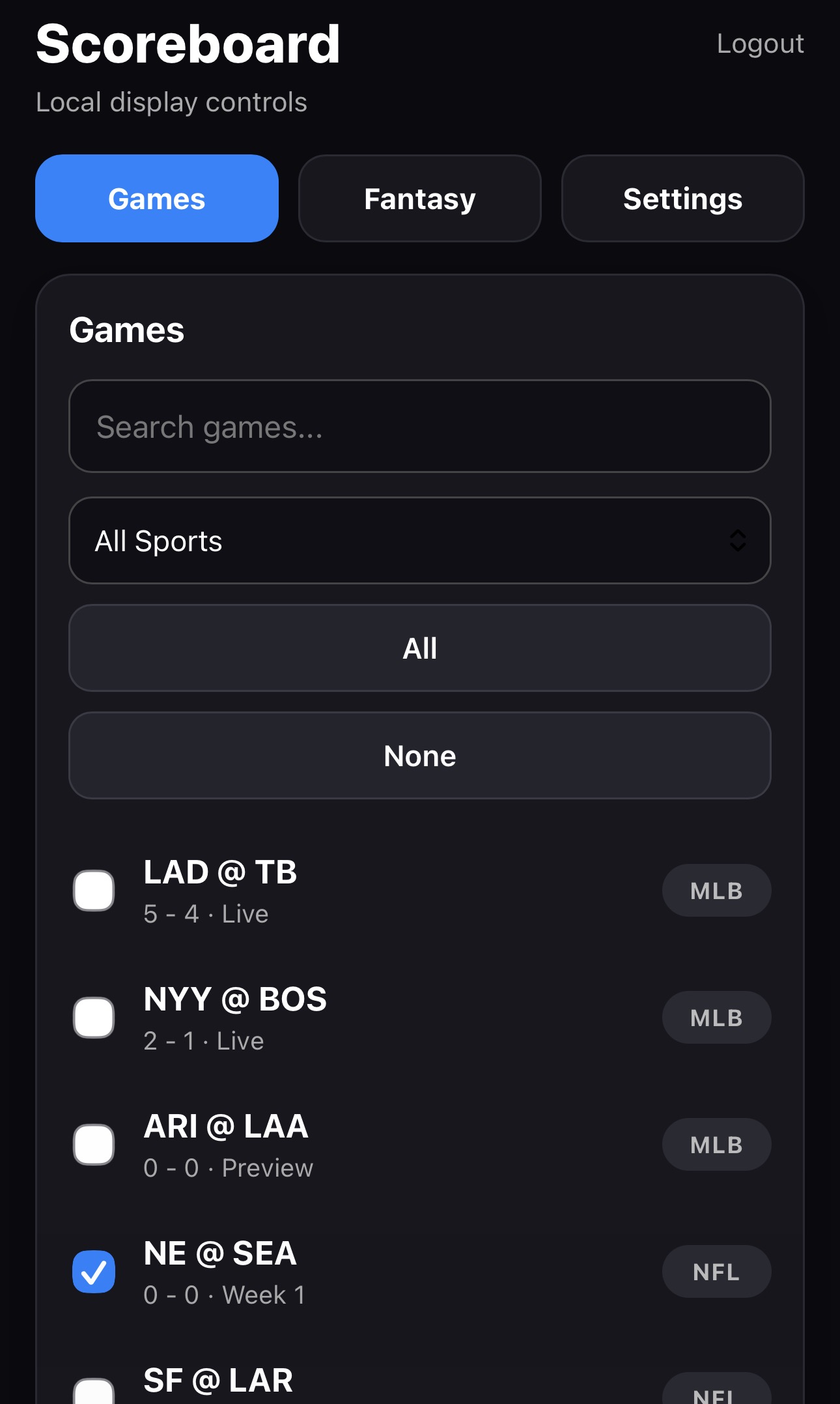 ScoreCast games selection dashboard