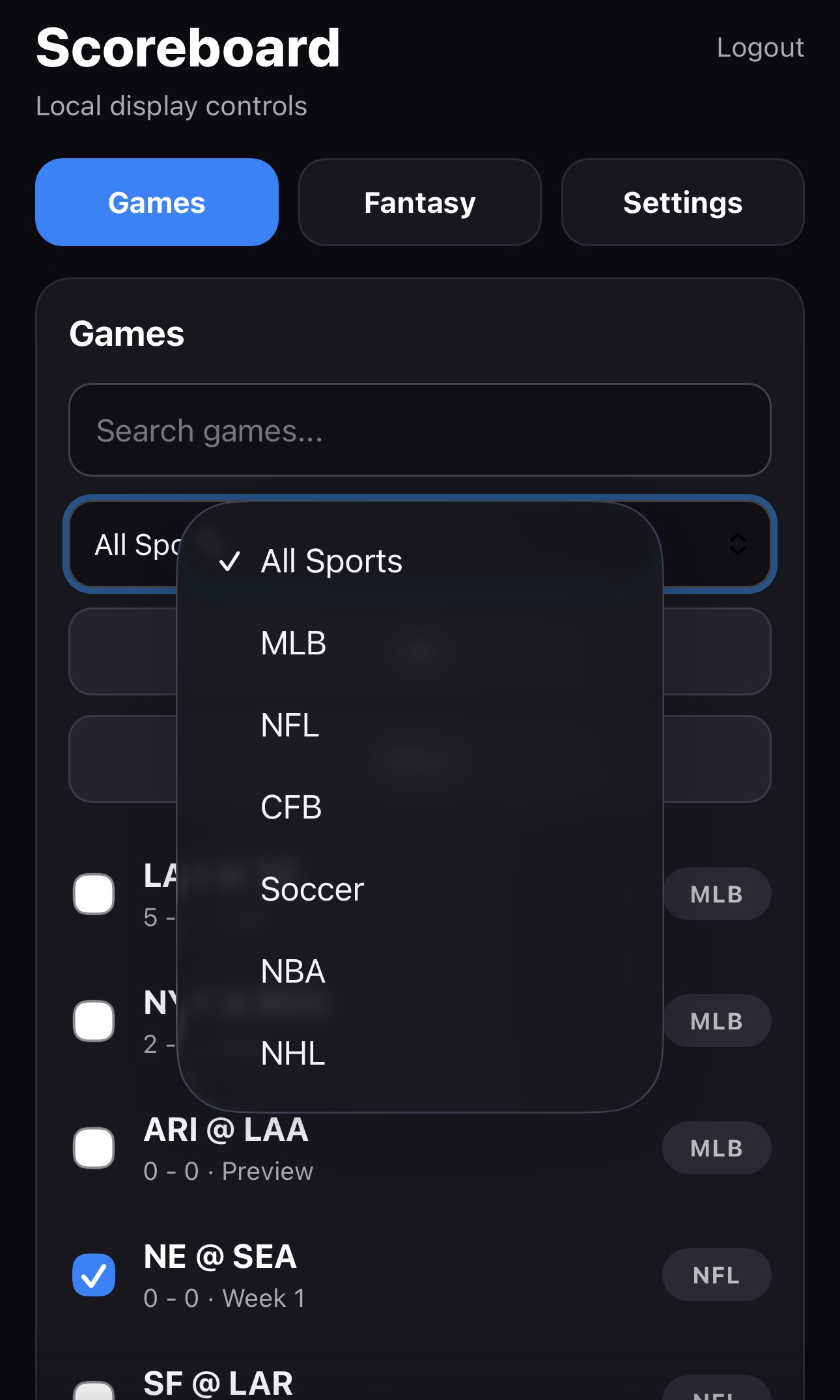 ScoreCast league selection